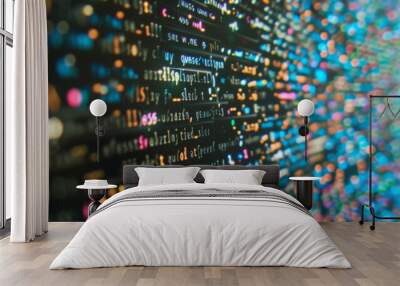 digital binary code background ,theme of technology and data flow in an urban environment. Wall mural