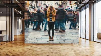 Distressed woman standing on a busy street, covering her face with her hands, with the world around her blurred in motion Wall mural