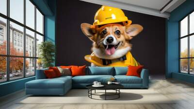 Dog wearing construction helmet on dark background. Wall mural