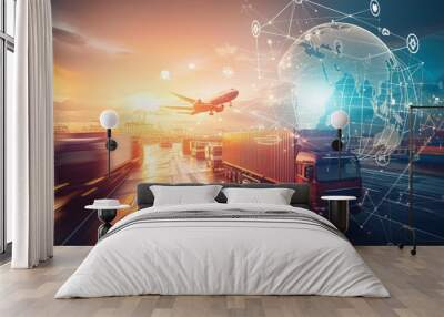 dynamic transportation and logistics concept, showcasing various modes of freight transport such as trucking and aviation, integrated with digital connectivity and global networking. Wall mural