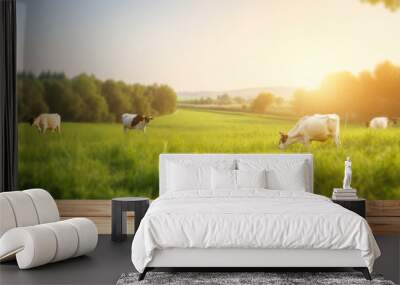 Empty wooden table top with grass field and cows in background. Wall mural