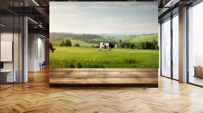 Empty wooden table top with grass field and cows in background. Wall mural