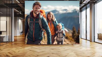 Family of parents and children hiking in nature Wall mural