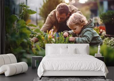 Father shows his son how to take care of the garden and plants. Wall mural