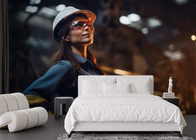 Female Factory worker wearing a safety helmet in the background of a production line. Wall mural