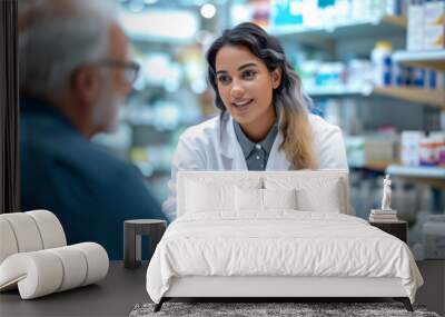 female pharmacist is consulting with an elderly male customer in a pharmacy Wall mural