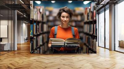 Female student standing in front of book shelves in college library Wall mural