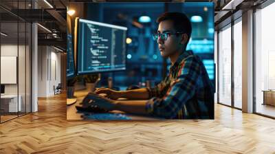 Focused male programmer working in a dark office environment, typing intently on a keyboard while multiple monitors display lines of code Wall mural