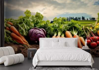 Freshly harvested vegetables laid out on the soil, highlighting the bounty of organic agriculture. Wall mural