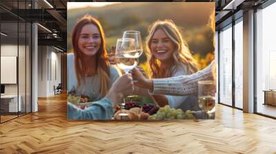 Friends Toasting Wine at Sunset Wall mural