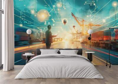 futuristic scene where a person is using augmented reality (AR) to interact with a complex interface, overlaid on a shipping port background. Wall mural