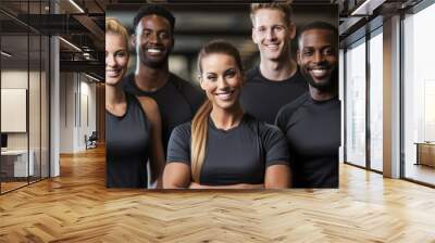 Group of athletic men and women stand together in the background of a gym Wall mural