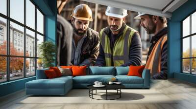 Group of construction workers, wearing hardhats and safety vests, are engaged in a meeting with blueprints at a construction site. Wall mural