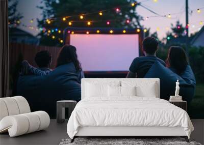 Group of friends from behind, sitting and enjoying an outdoor movie night with a blank screen, surrounded by garden lights at dusk. Wall mural