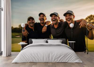 Group of happy friends playing golf on the course Wall mural