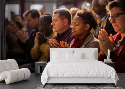 Group of people during prayer in a church. Wall mural