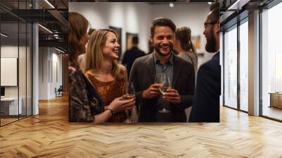 Group of people with glasses stand during an exhibition at the gallery Wall mural