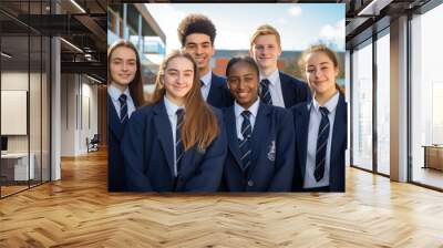 Group of private school students stand outside in uniform in front of the school building. Created with Generative AI technology. Wall mural