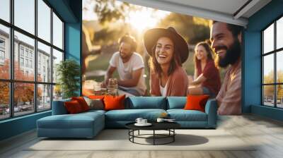 Happy friends having picnic party. Wall mural