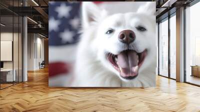 Happy Samoyed breed dog in front of the american flag.Created with Generative AI technology. Wall mural