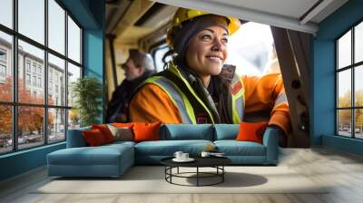 Happy smiling female truck driver. Wall mural