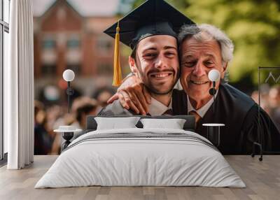 Happy smiling graduate hugs his parent after the graduation ceremony. Wall mural