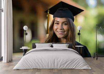 Happy smiling graduating student girl in an academic gown standing in front of college Wall mural