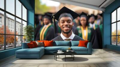 Happy smiling graduating student guy in an academic gown standing in front of other alumni Wall mural