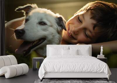 Happy smiling little child with his dog Wall mural