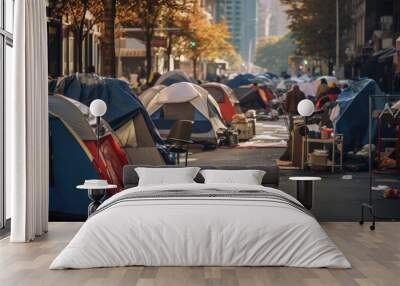 Homeless tent camp on a city street Wall mural