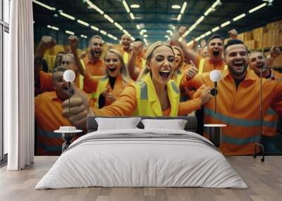 Joyful team smiles against the backdrop of a warehouse Wall mural