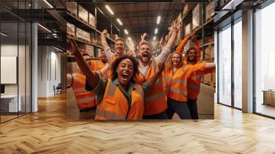 Joyful team smiles against the backdrop of a warehouse Wall mural