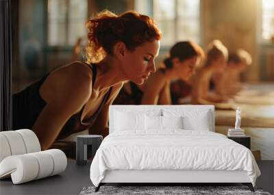 Line of people in a yoga class performing a forward bend pose, with the focus on a woman in the foreground Wall mural