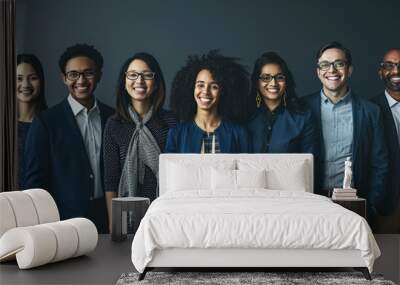 Line-up of cheerful individuals from diverse ethnic backgrounds, with confident smiles, dressed in professional attire, representing a unified team or staff of a modern, inclusive company. Wall mural