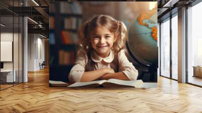 Little schoolgirl smiling while sitting in front of a book against a book shelf background. Created with Generative AI technology. Wall mural