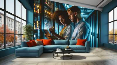 Male and a female IT professional in a data center, with the woman holding a tablet and the man observing, likely collaborating on a task. Wall mural