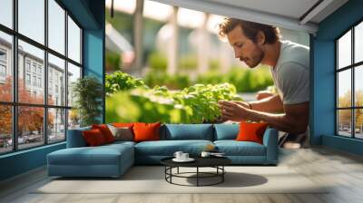 Male farmer checking quality of green lettuce plants growing in hydroponic greenhouse. Wall mural