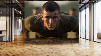 Male military man doing push-ups during a workout Wall mural