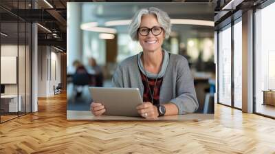 Middle-aged female teacher sits at her desk in the school office and holds a tablet.Created with Generative AI technology. Wall mural