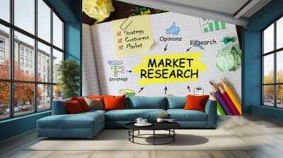 notebook with tools and notes about market research Wall mural