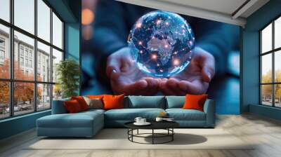 pair of hands holding a transparent globe with digital connections and nodes superimposed over it, r Wall mural