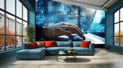 Person is using a laptop with a futuristic blue cyber network graphic overlay Wall mural