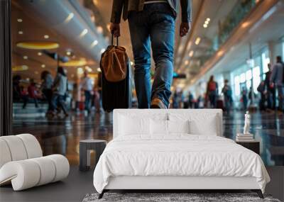 Person walking through an airport terminal, carrying a suitcase and a coffee cup, with other travelers in the background. Wall mural