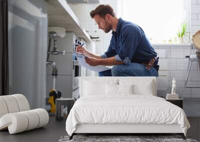 plumber or maintenance worker crouched down, inspecting or repairing a kitchen sink Wall mural