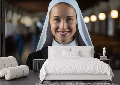 Portrait of a nun against a church background Wall mural