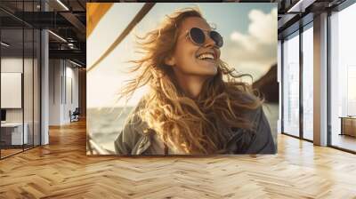 Portrait of a smiling woman on a yacht at sea during a vacation Wall mural