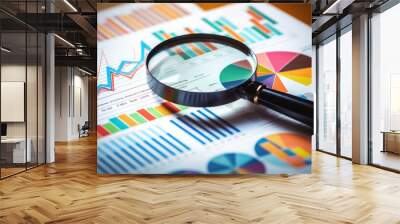 Printed business documents with colorful charts and graphs being analyzed through a magnifying glass Wall mural