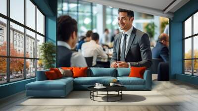 Serious and confident businessman stands in a suit against the backdrop of a modern office. Wall mural