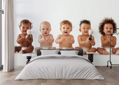 smiling babies sitting in a row on a white background, each wearing a diaper and clapping their hands. Wall mural