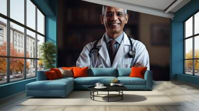 Smiling middle-aged indian doctor standing in a medical uniform against hospital background.Created with Generative AI technology. Wall mural